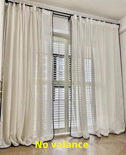 Custom Black Border Valance Curtains ,Handmade Sheer Linen Curtains For Livingroom Bedroom
