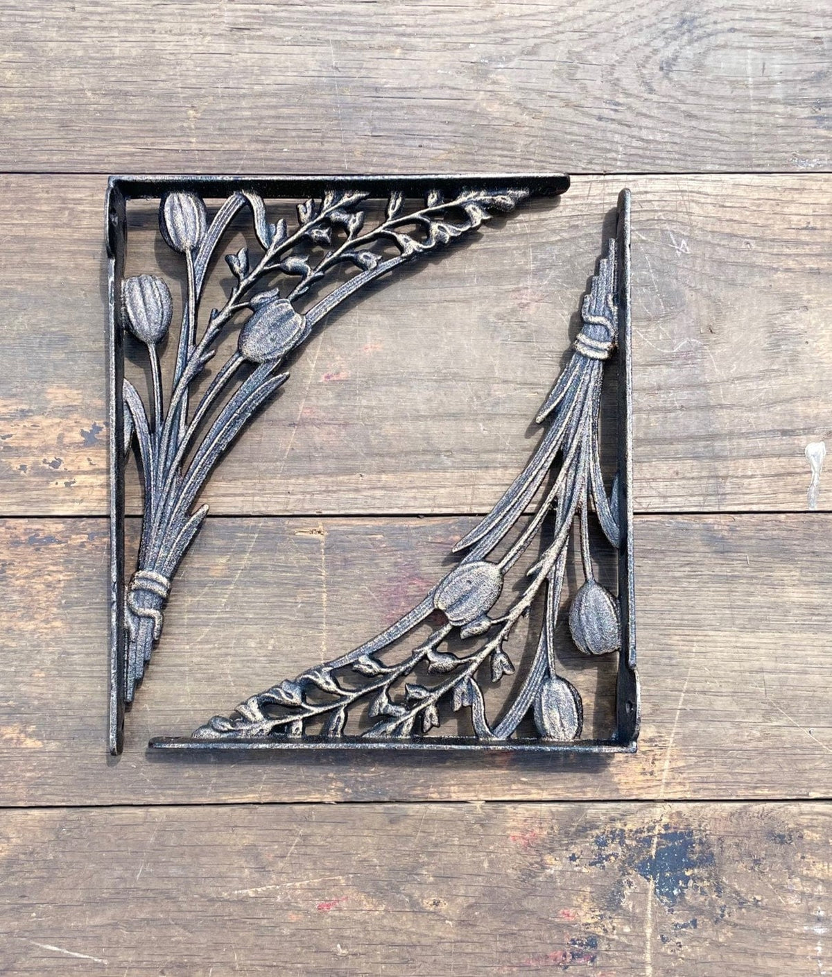 Cast Iron Tulip Shelf Brackets - Bronze Floral Design, Pair