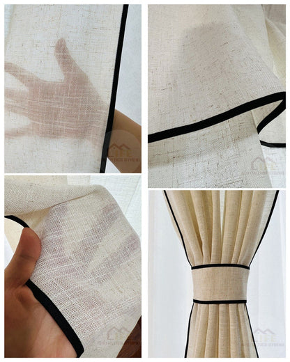 Custom Black Border Valance Curtains ,Handmade Sheer Linen Curtains For Livingroom Bedroom