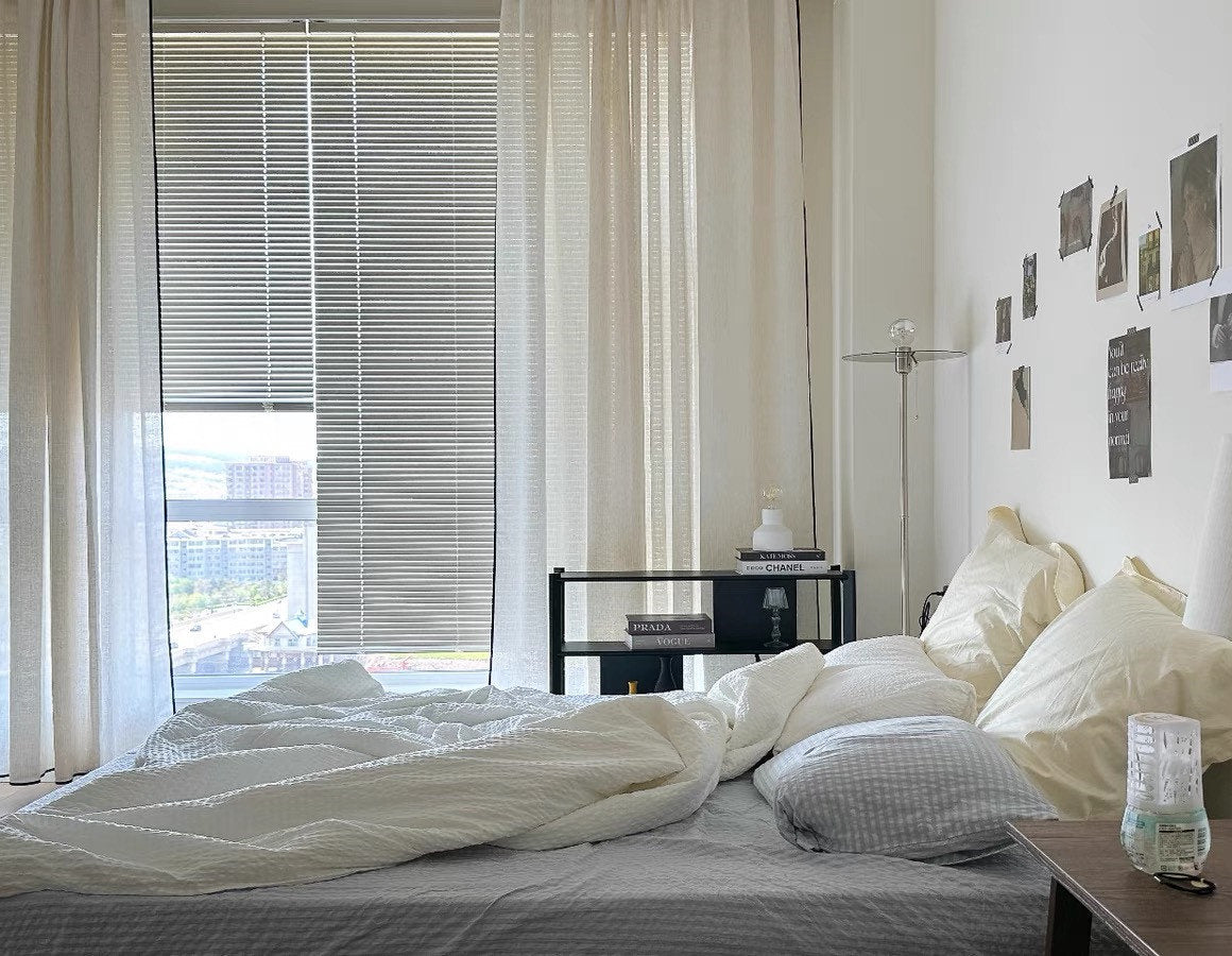 Custom Black Border Valance Curtains ,Handmade Sheer Linen Curtains For Livingroom Bedroom