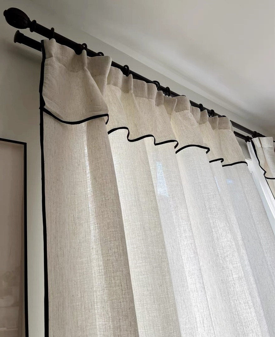 Custom Black Border Valance Curtains ,Handmade Sheer Linen Curtains For Livingroom Bedroom