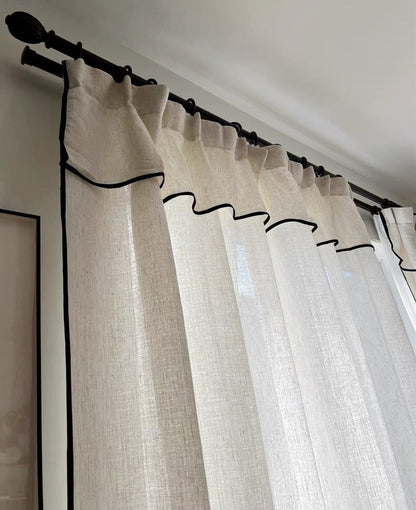 Custom Black Border Valance Curtains ,Handmade Sheer Linen Curtains For Livingroom Bedroom