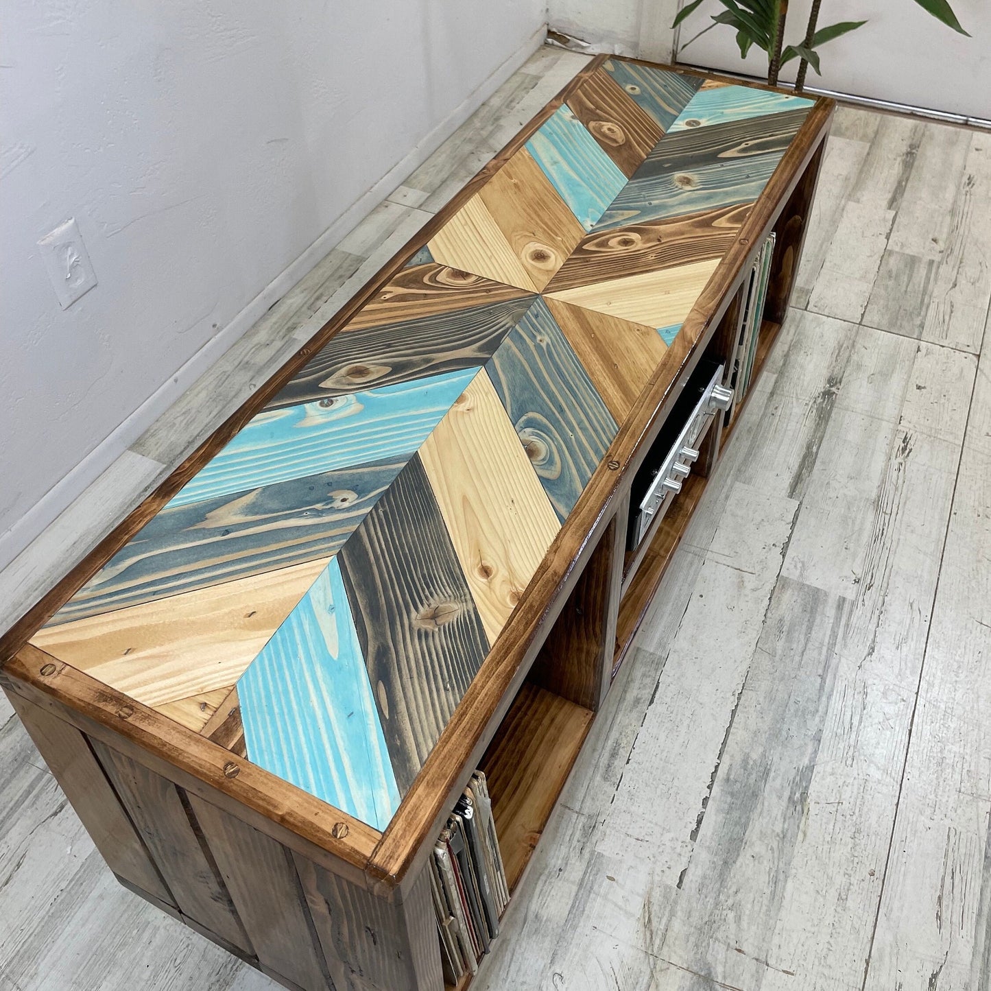 Colliding Chevron Blues Top Upgrade - Vinyl Record Holder - TV Stand - Living Room Furniture