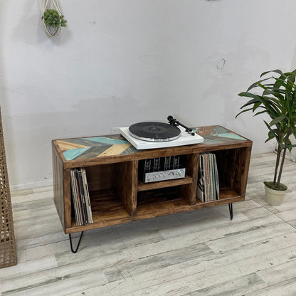 Colliding Chevron Blues Top Upgrade - Vinyl Record Holder - TV Stand - Living Room Furniture