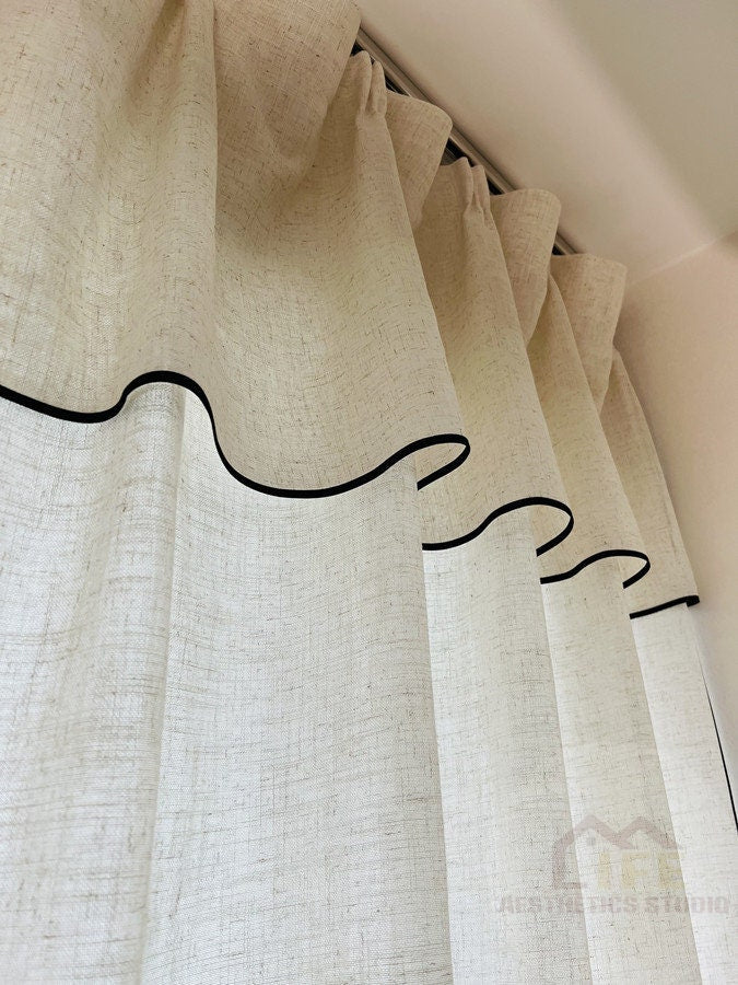 Custom Black Border Valance Curtains ,Handmade Sheer Linen Curtains For Livingroom Bedroom