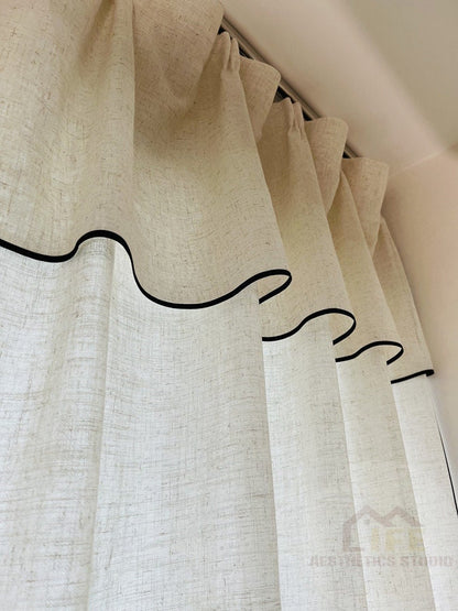 Custom Black Border Valance Curtains ,Handmade Sheer Linen Curtains For Livingroom Bedroom