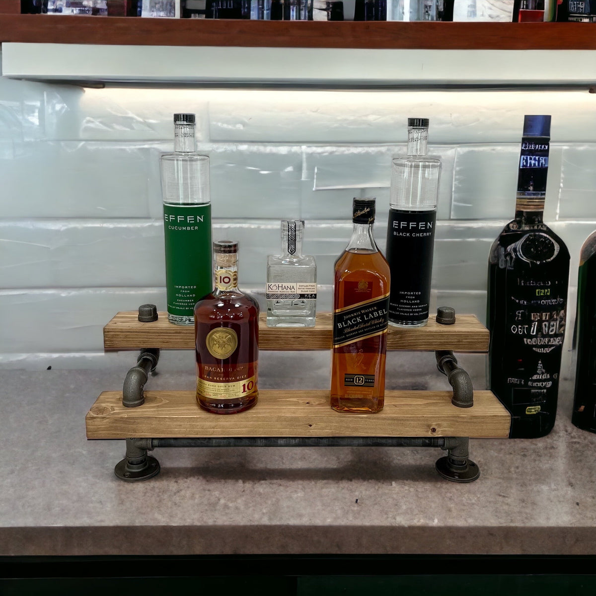 Freestanding Industrial Liquor Display, Black Pipe Tiered Shelving, Bar Organizer, Alcohol Bottle Display