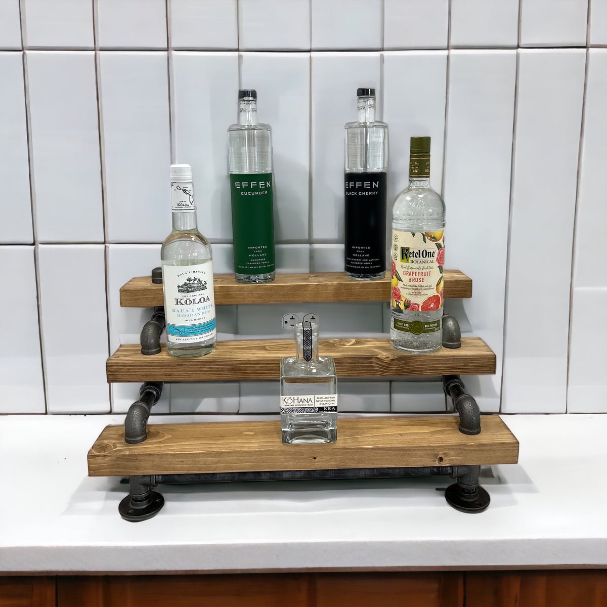 Freestanding Industrial Liquor Display, Black Pipe Tiered Shelving, Bar Organizer, Alcohol Bottle Display