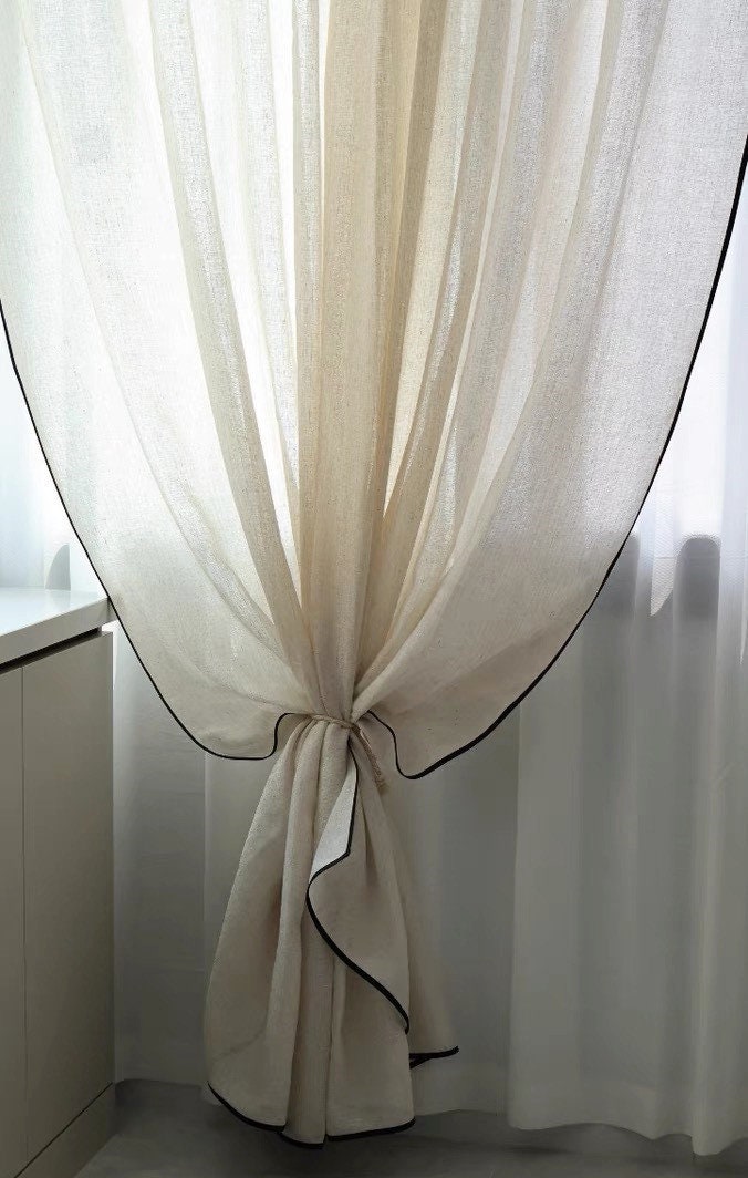 Custom Black Border Valance Curtains ,Handmade Sheer Linen Curtains For Livingroom Bedroom