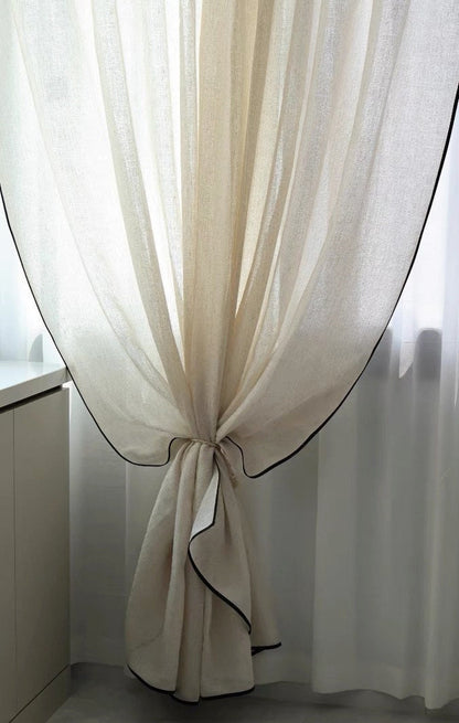 Custom Black Border Valance Curtains ,Handmade Sheer Linen Curtains For Livingroom Bedroom