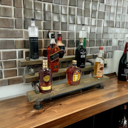 Freestanding Industrial Liquor Display, Black Pipe Tiered Shelving, Bar Organizer, Alcohol Bottle Display