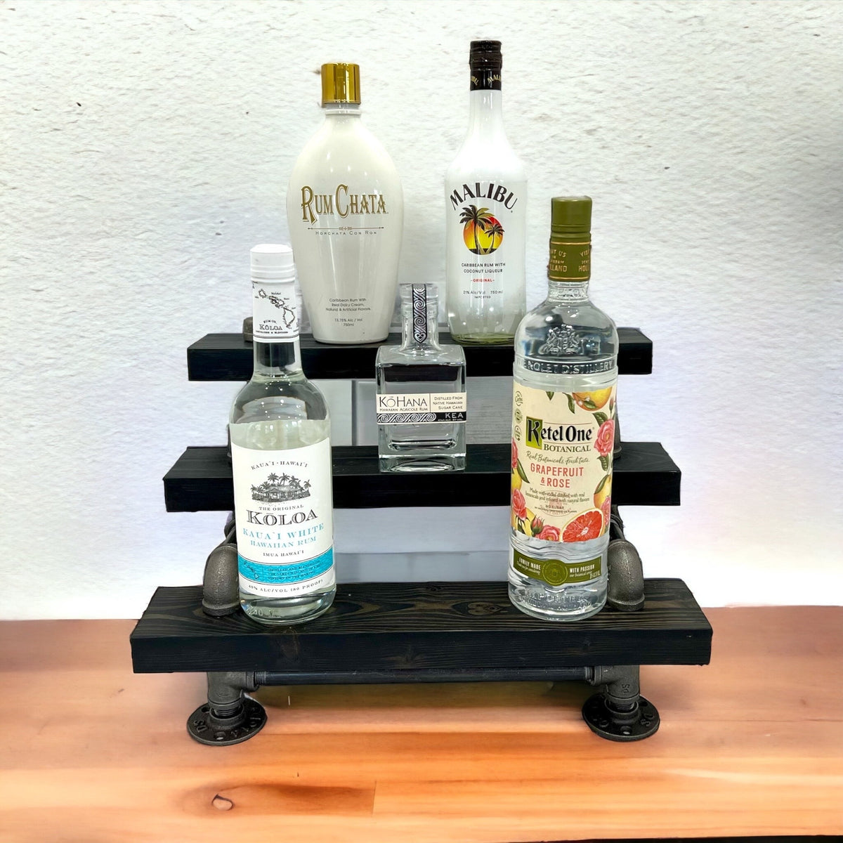 Freestanding Industrial Liquor Display, Black Pipe Tiered Shelving, Bar Organizer, Alcohol Bottle Display