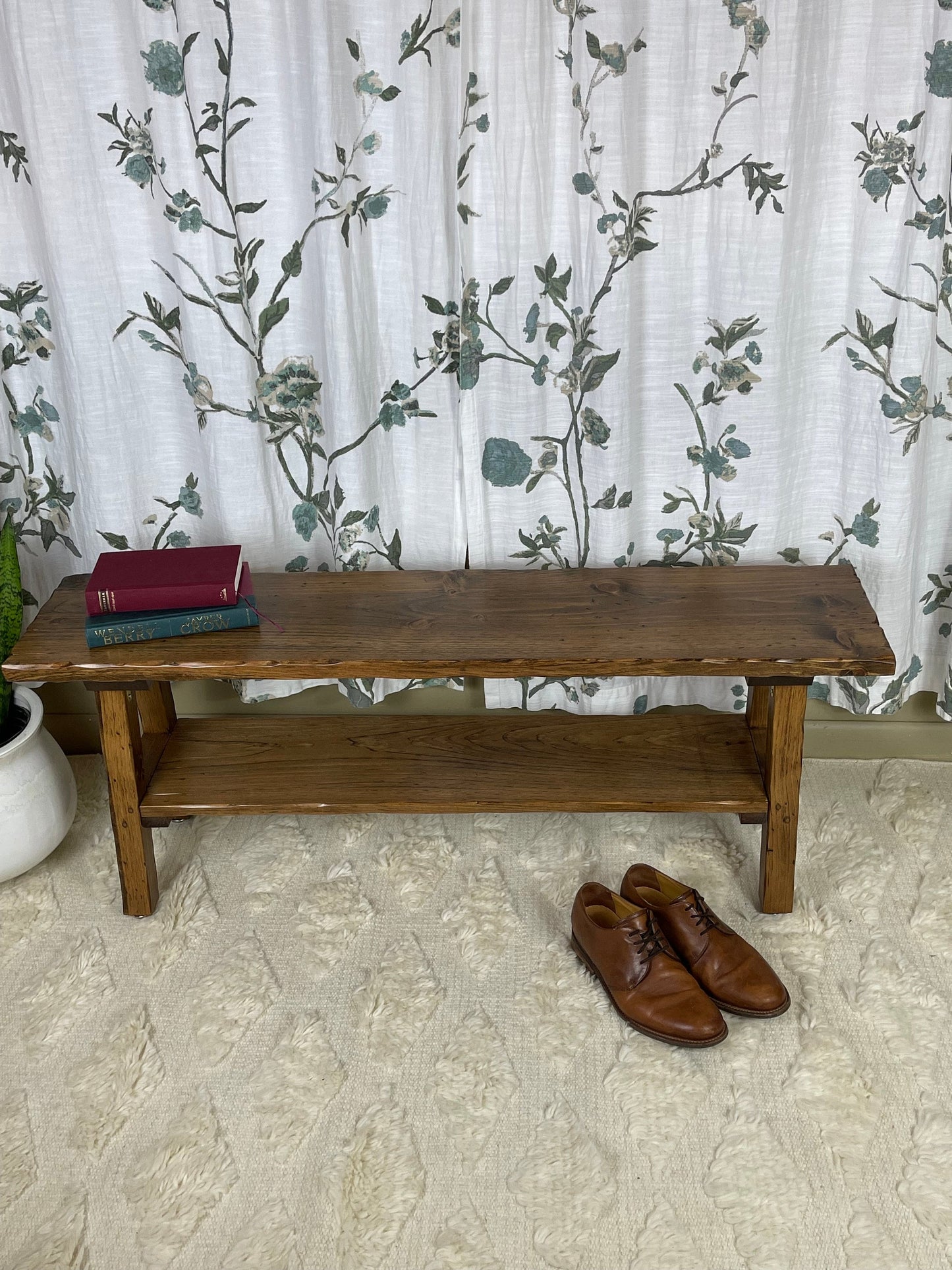 Hand Distressed Entryway Bench with Shelf, Bench Seat with Storage