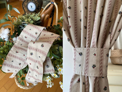 Flop Over Linen Cotton Curtains, French Country Floral Stripe Drapes Set of 2