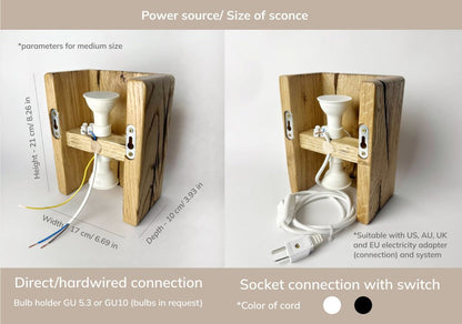 Reclaimed Wood Wall Sconce with GU10 LED, Hardwired or Plug-In