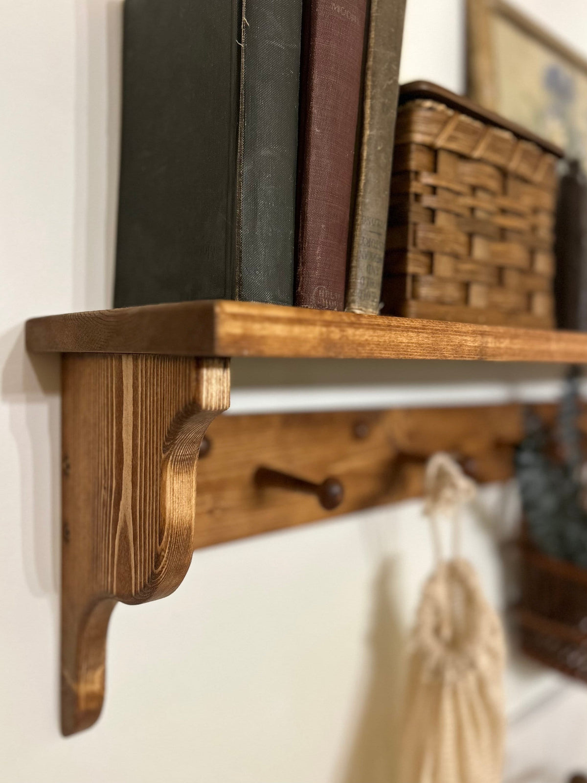 Shaker peg rack with shelf, stained peg shelf, Shaker peg coat rack, coffee bar shelf, shelf with hooks, wood shelf with pegs, stained shelf