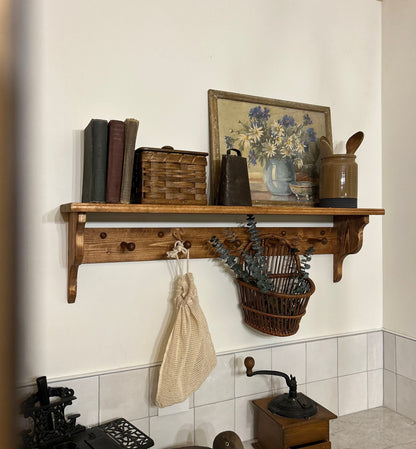 Shaker peg rack with shelf, stained peg shelf, Shaker peg coat rack, coffee bar shelf, shelf with hooks, wood shelf with pegs, stained shelf