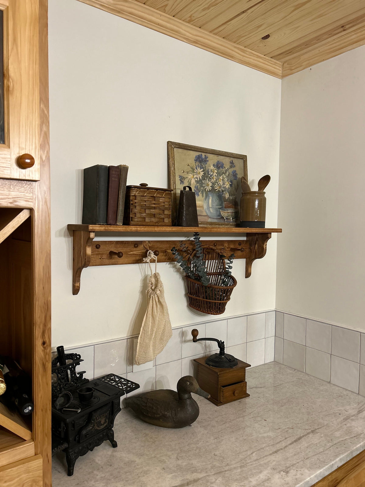 Shaker peg rack with shelf, stained peg shelf, Shaker peg coat rack, coffee bar shelf, shelf with hooks, wood shelf with pegs, stained shelf