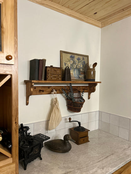 Shaker peg rack with shelf, stained peg shelf, Shaker peg coat rack, coffee bar shelf, shelf with hooks, wood shelf with pegs, stained shelf