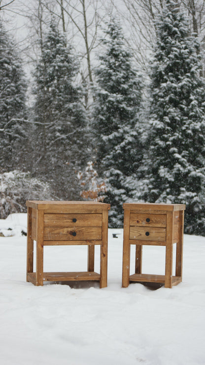 Rustic Solid Wood Nightstand with 2 Drawers and Shelf : Country Style