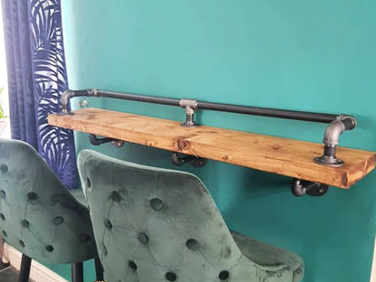 Industrial Wall-Mounted Breakfast Bar with Reclaimed Wood & Pipe Rail