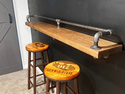 Industrial Wall-Mounted Breakfast Bar with Reclaimed Wood & Pipe Rail