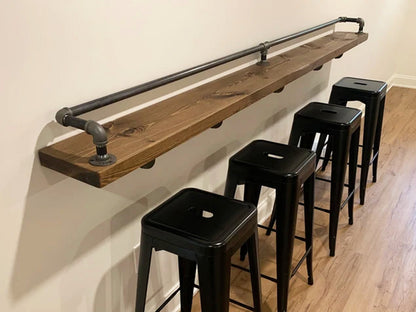 Industrial Wall-Mounted Breakfast Bar with Reclaimed Wood & Pipe Rail
