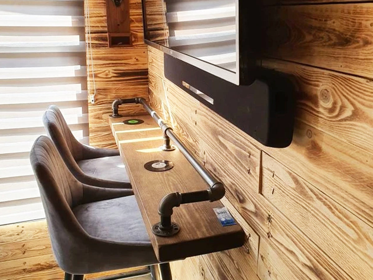 Industrial Wall-Mounted Breakfast Bar with Reclaimed Wood & Pipe Rail