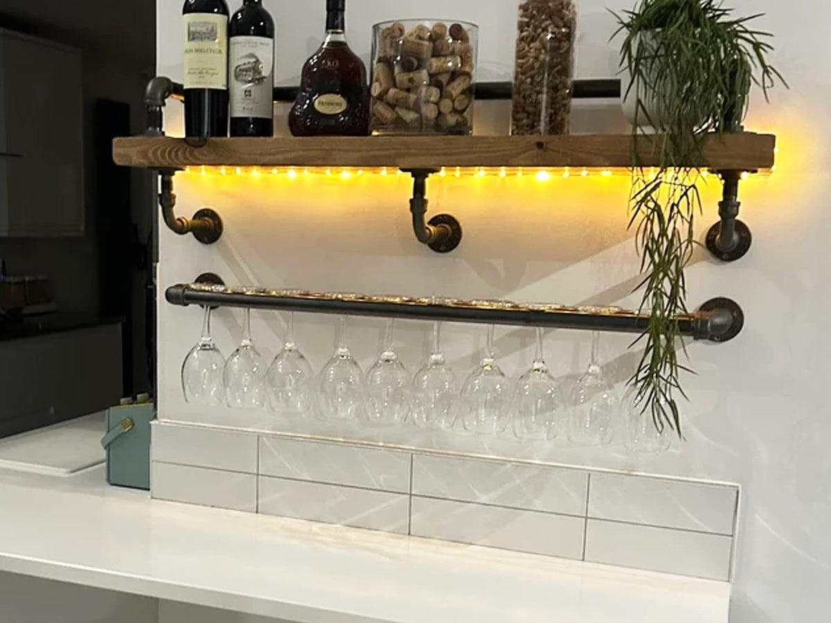 Industrial Wall-Mounted Breakfast Bar with Reclaimed Wood & Pipe Rail