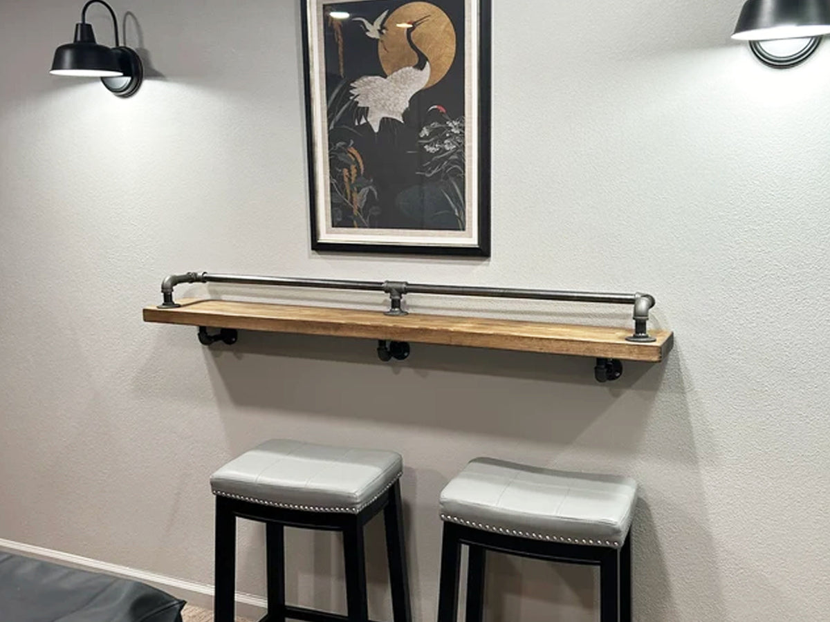 Industrial Wall-Mounted Breakfast Bar with Reclaimed Wood & Pipe Rail
