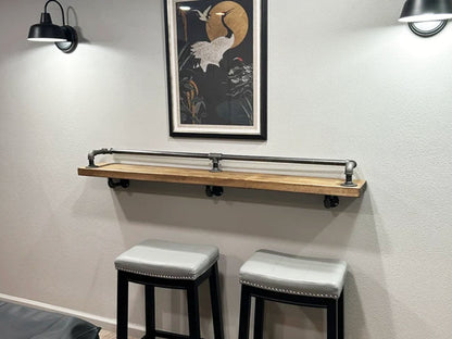 Industrial Wall-Mounted Breakfast Bar with Reclaimed Wood & Pipe Rail