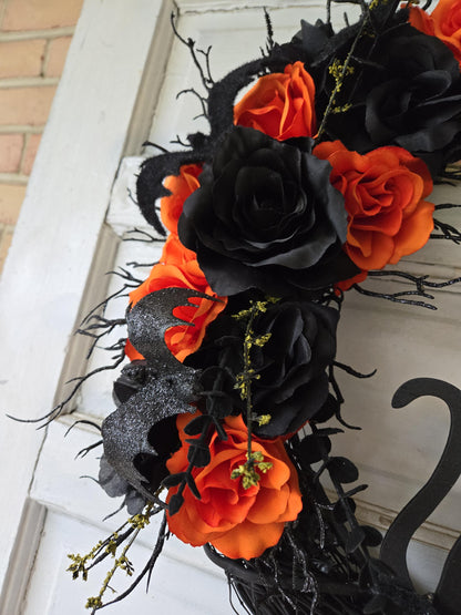 Halloween Witchy Cat Moon Wreath w/ Orange Roses & Bats • Gothic Celestial Door Hanger • Spooky Fall Trick-or-Treat Decor • Cat Lovers Gift