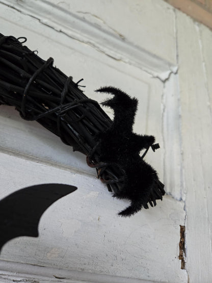 Halloween Witchy Cat Moon Wreath w/ Orange Roses & Bats • Gothic Celestial Door Hanger • Spooky Fall Trick-or-Treat Decor • Cat Lovers Gift