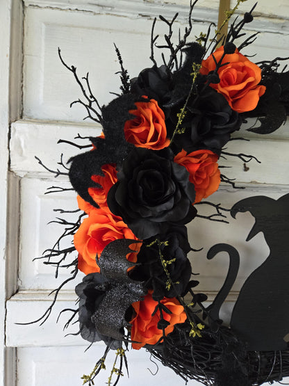 Halloween Witchy Cat Moon Wreath w/ Orange Roses & Bats • Gothic Celestial Door Hanger • Spooky Fall Trick-or-Treat Decor • Cat Lovers Gift