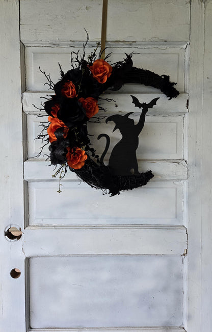 Halloween Witchy Cat Moon Wreath w/ Orange Roses & Bats • Gothic Celestial Door Hanger • Spooky Fall Trick-or-Treat Decor • Cat Lovers Gift