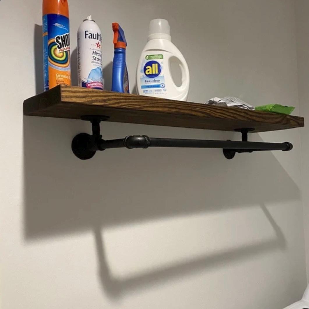 Laundry Room Bar with attached wood shelf, Clothing Rack,  Drying bar, closet clothes rack, metal pipe clothes bar