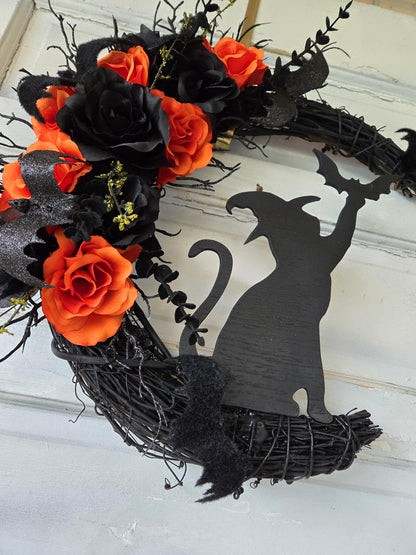 Halloween Witchy Cat Moon Wreath w/ Orange Roses & Bats • Gothic Celestial Door Hanger • Spooky Fall Trick-or-Treat Decor • Cat Lovers Gift