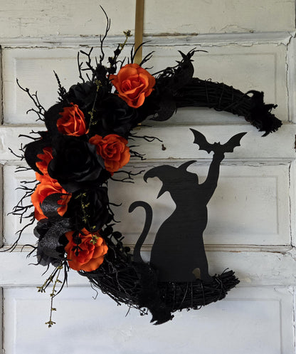Halloween Witchy Cat Moon Wreath w/ Orange Roses & Bats • Gothic Celestial Door Hanger • Spooky Fall Trick-or-Treat Decor • Cat Lovers Gift