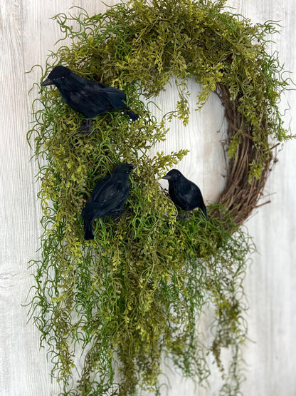 Halloween Enchanted Raven Wreath,Moody Spanish Moss Front Door Decor,Boho Fall Wreath,Eerie Halloween Mossy Wreath,Cottage Core Crow Wreath
