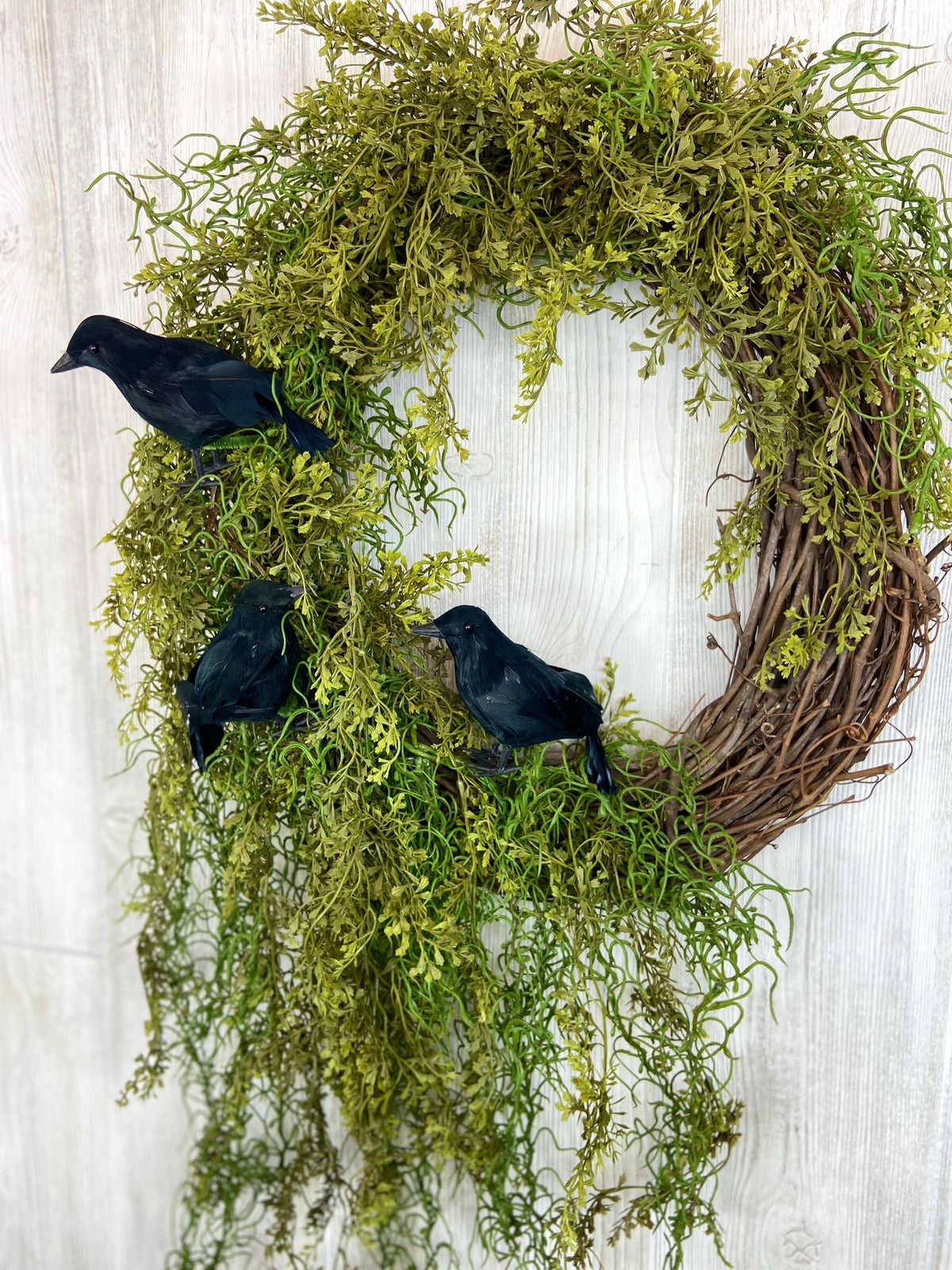 Halloween Enchanted Raven Wreath,Moody Spanish Moss Front Door Decor,Boho Fall Wreath,Eerie Halloween Mossy Wreath,Cottage Core Crow Wreath