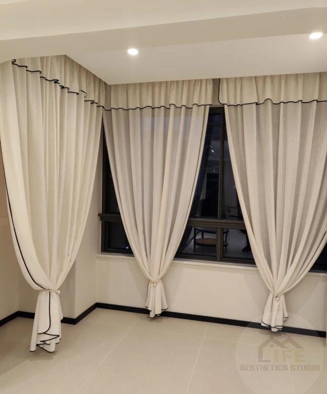 Custom Black Border Valance Curtains ,Handmade Sheer Linen Curtains For Livingroom Bedroom