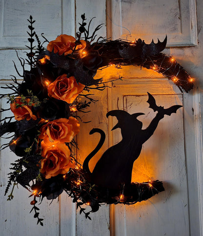Halloween Witchy Cat Moon Wreath w/ Orange Roses & Bats • Gothic Celestial Door Hanger • Spooky Fall Trick-or-Treat Decor • Cat Lovers Gift