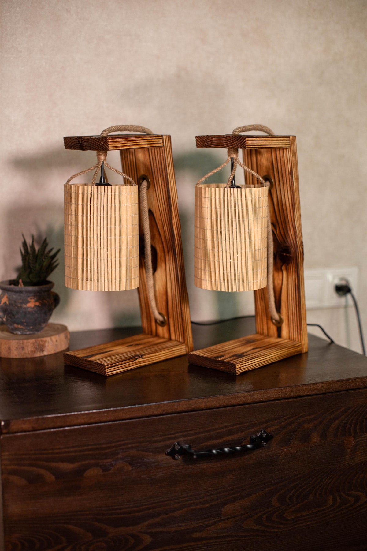 Wood Bedside Table Lamps Set of 2 with Bamboo Shades