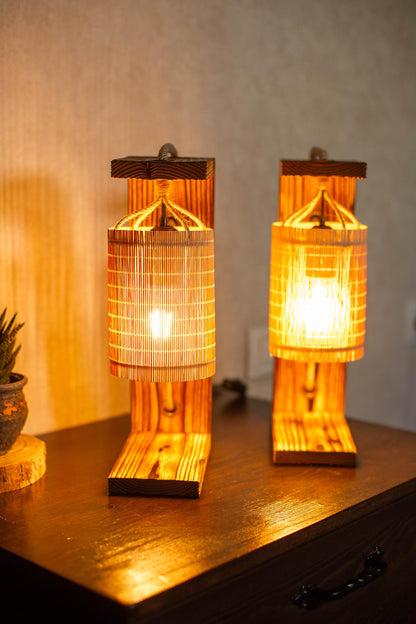 Wood Bedside Table Lamps Set of 2 with Bamboo Shades