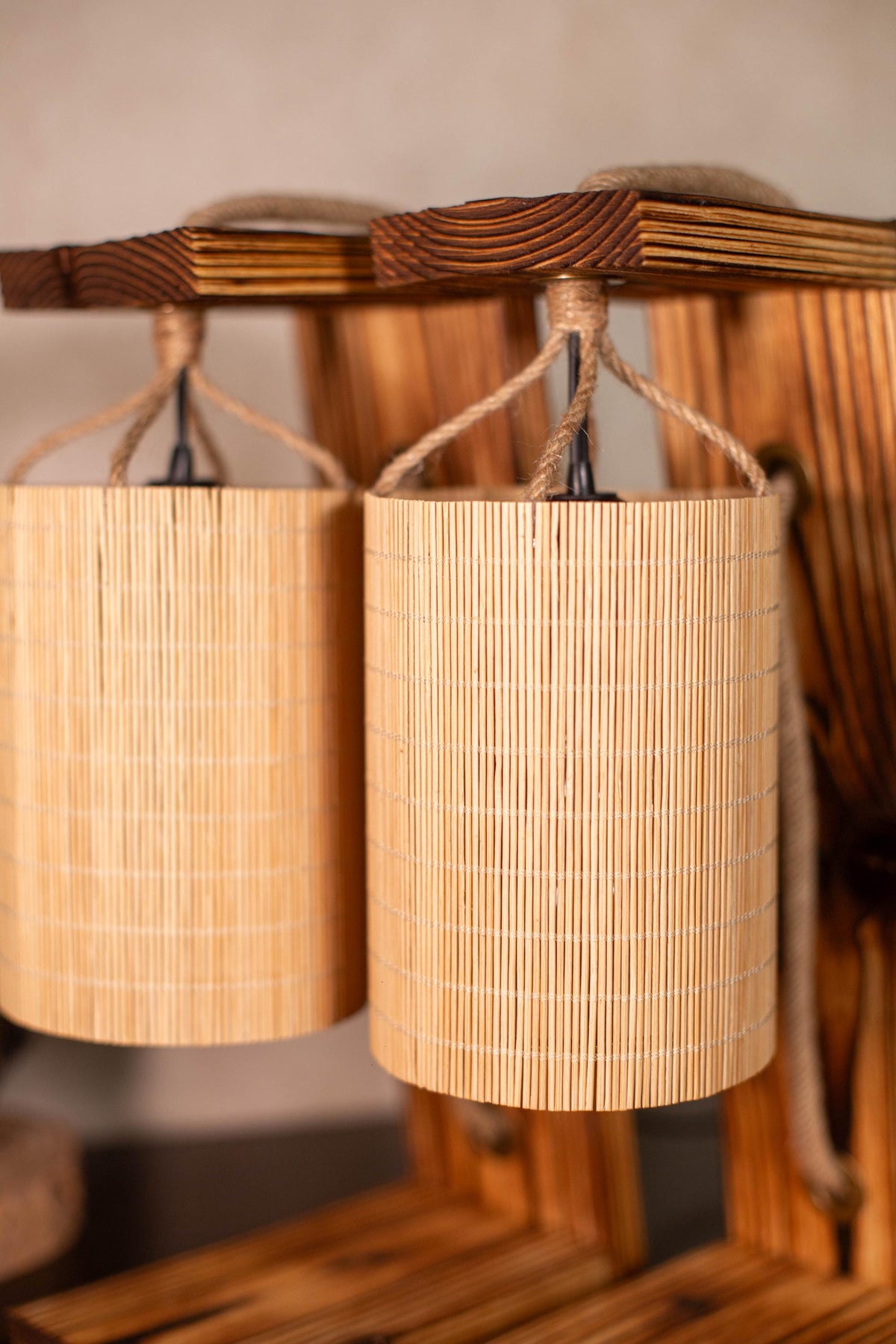 Wood Bedside Table Lamps Set of 2 with Bamboo Shades