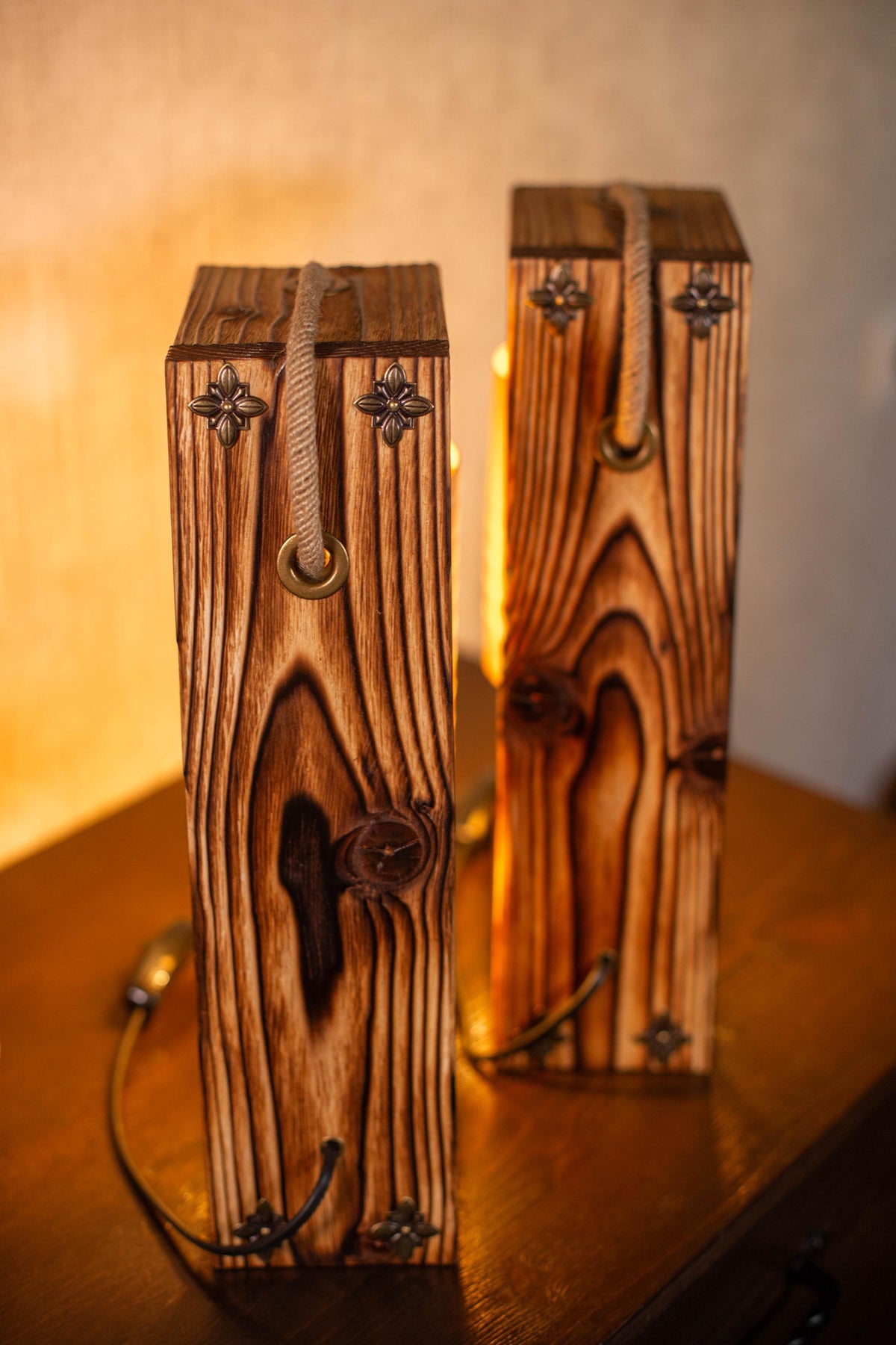Wood Bedside Table Lamps Set of 2 with Bamboo Shades