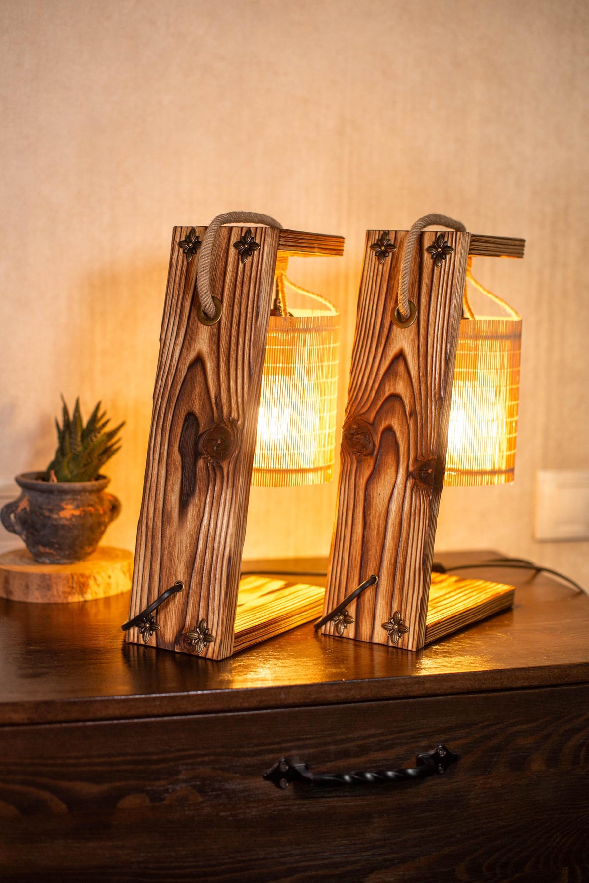 Wood Bedside Table Lamps Set of 2 with Bamboo Shades