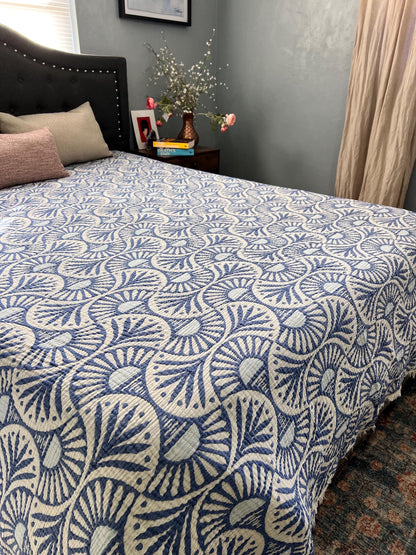 Blue Ginkgo Muslin Bed Blanket, 100% Turkish Cotton King Size Bedspread, Lightweight Reversible Gauze Blanket, Boho Bedding