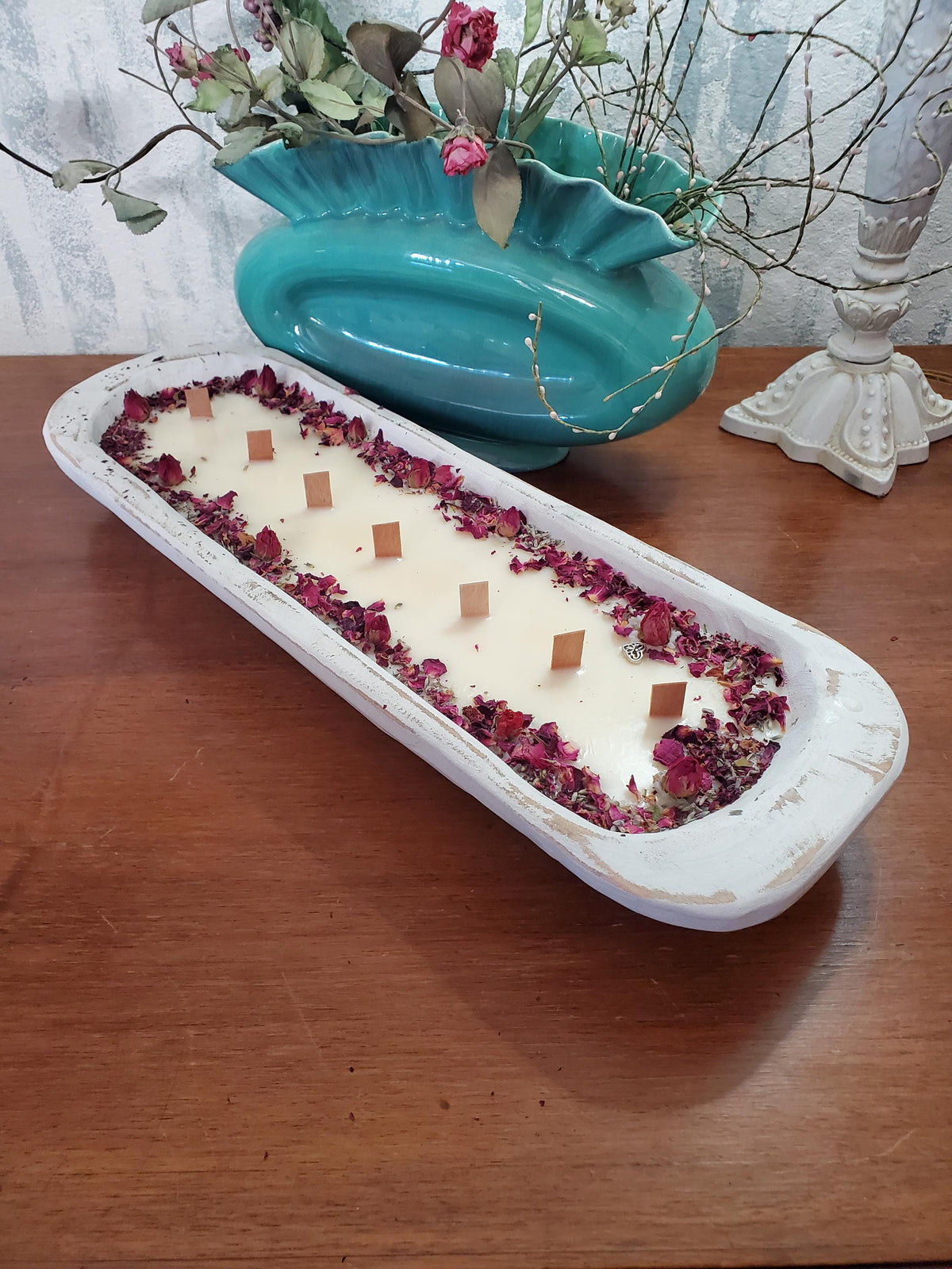 Floral Dough Bowl Large  ~ Coconut Soy Beeswax Natural Candle ~ Safe Scents Wood Wick Unique Centerpiece Gift
