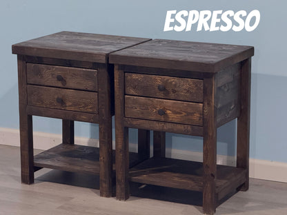 Rustic Solid Wood Nightstand with 2 Drawers and Shelf : Country Style